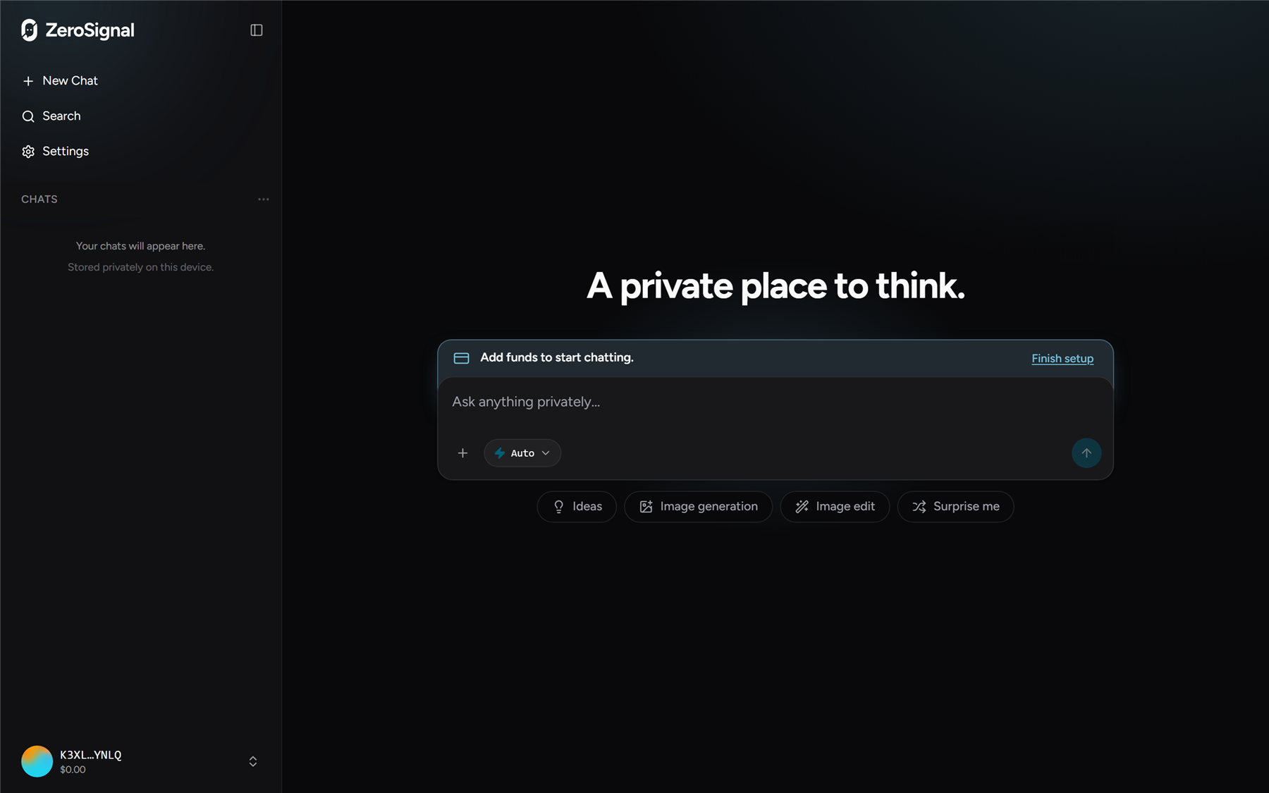 The chat surface before your first deposit: the composer sits behind an Add funds banner, and Finish setup reopens the funding window.