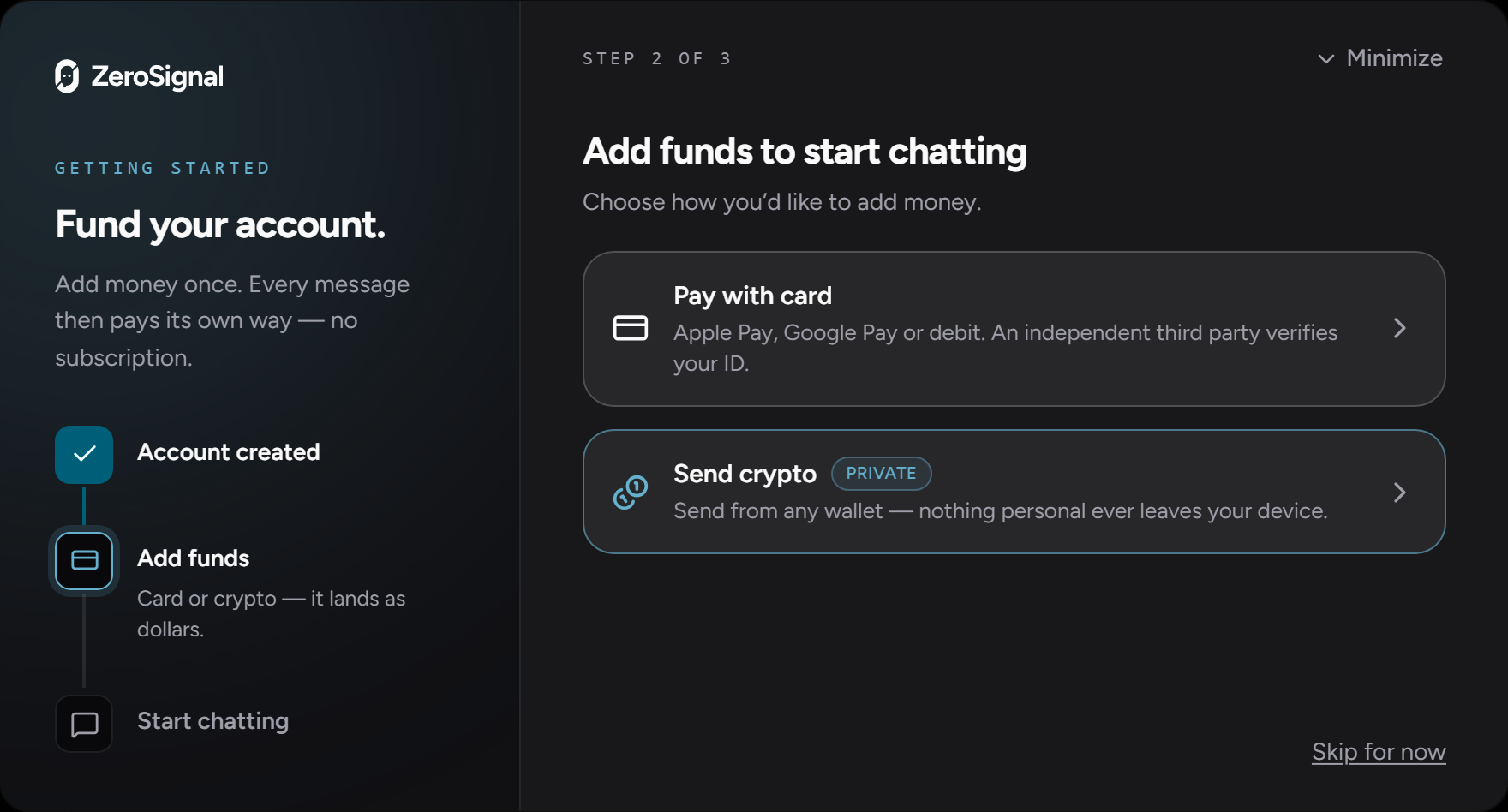 The Fund your account window after account creation, with the Pay with card and Send crypto lanes.