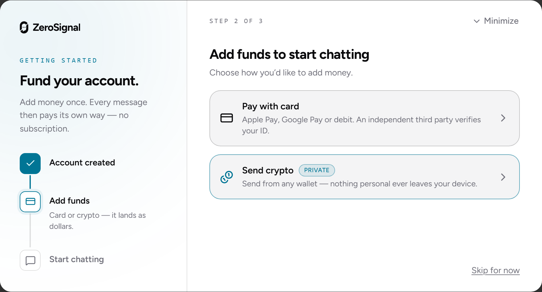 The Fund your account window after account creation, with the Pay with card and Send crypto lanes.