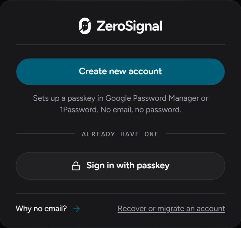 The sign-in card: Create new account sets up a passkey — no email, no password.