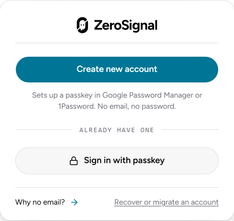 The sign-in card: Create new account sets up a passkey — no email, no password.